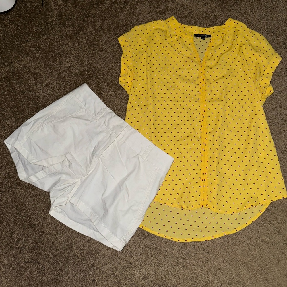 Selling as outfit yellow dress shirt w/dress shorts. Shirt size S. Pants size 00